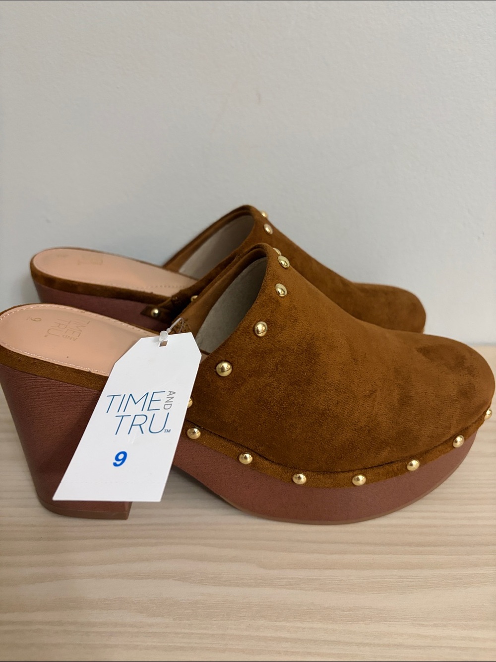 Time and Tru New! Brown Suede Studded Platform Clog Mules size 9